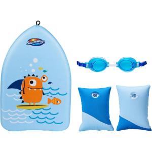 imageSwimWays Value pack Fish Face Guppy Goggles Soft Swimmies and Sea Monster Kick Trainer Learn to Swim KickboardBlue Soft Swimmies  Goggles Bundle